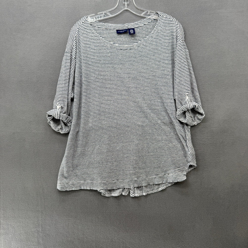 Adrienne Vittadini 100% Linen Striped Roll Tab Button Back Top Navy White 2X